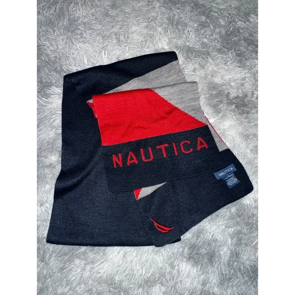 Nautica Knit Scarf Navy Blue Red Grey Colorblock Logo Winter‎ Accessory